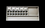 Long drawer insert to keep your jewelry, watch pillows, watch slots, watch box, watch case, ring rows, rings pad, necklace hanger, necklace hooks, hooks to hang necklaces, ring slots, brooches, earring studs cubes. 